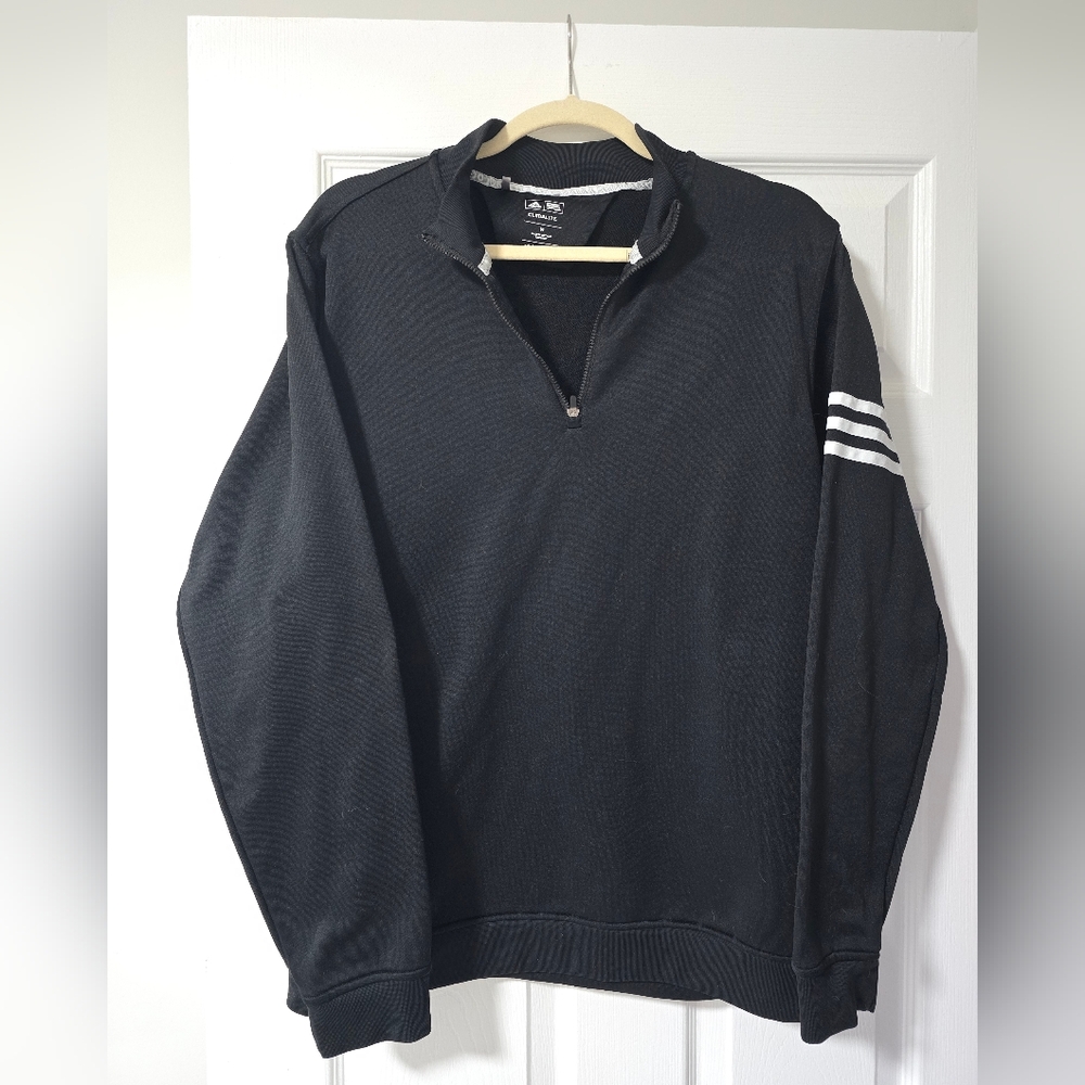 adidas Black Quarter-Zip Pullover with White Sleeve Stripes